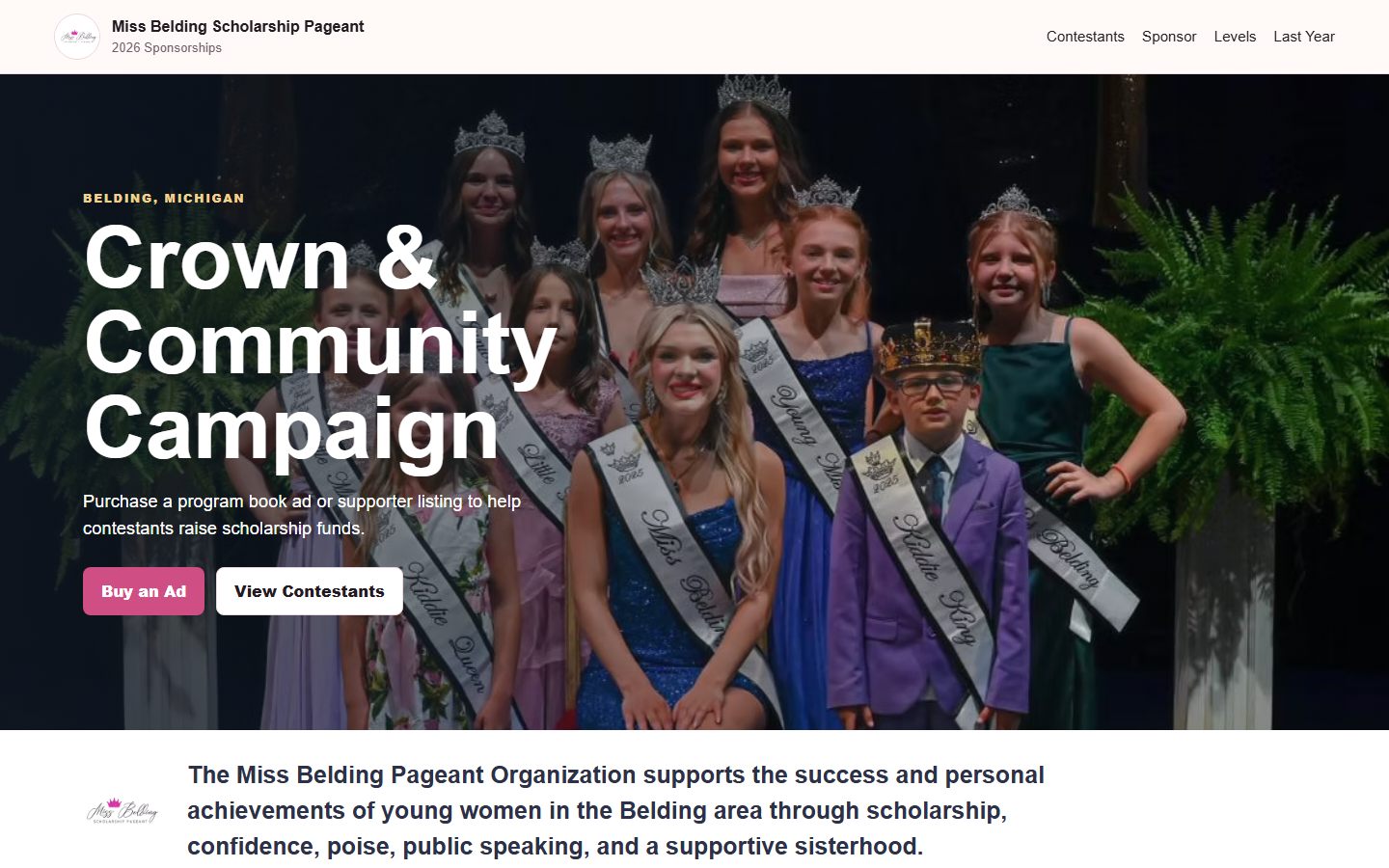Crown & Community Campaign homepage with the Miss Belding royalty court and Buy an Ad button