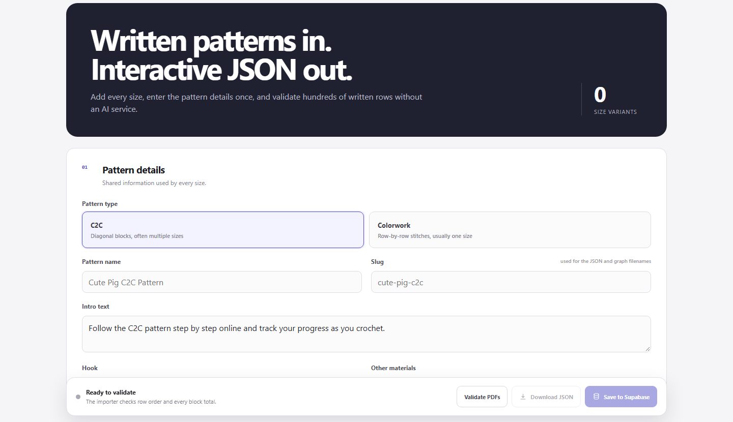 PatternJSON importer: 'Written patterns in. Interactive JSON out.'