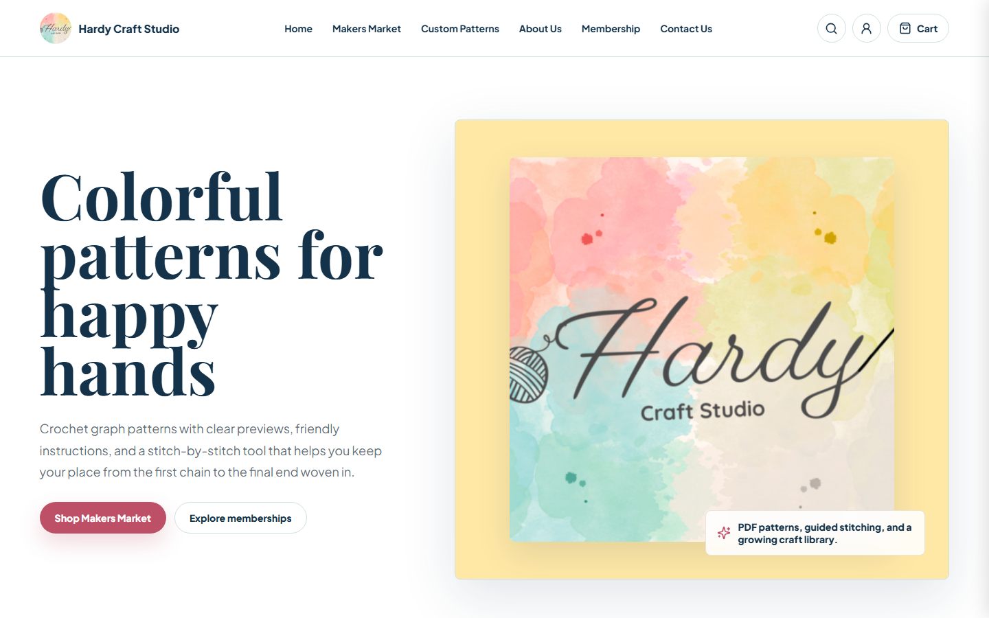 Hardy Craft Studio homepage: 'Colorful patterns for happy hands' next to a watercolor logo