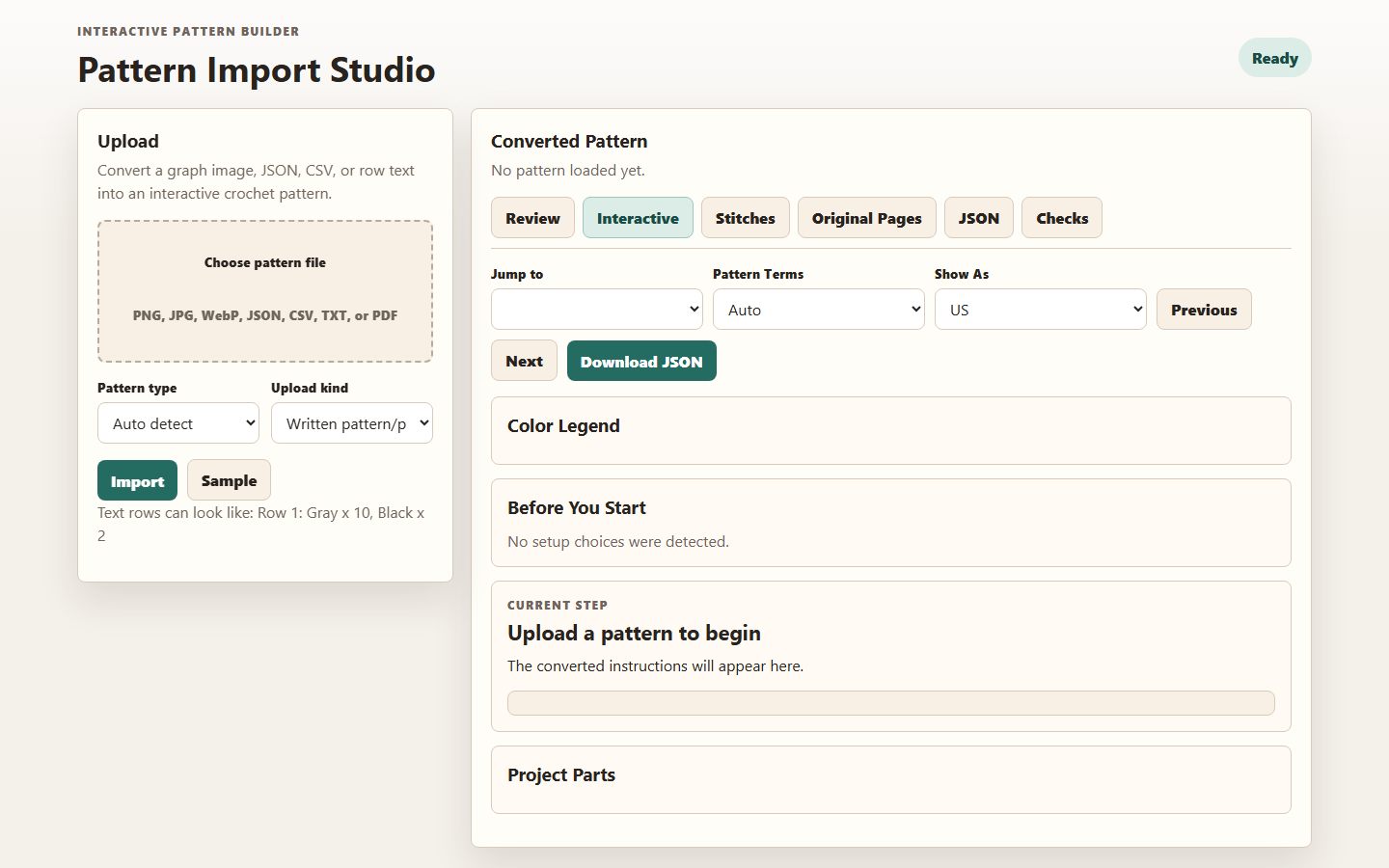 Pattern Import Studio with upload panel and converted pattern tabs