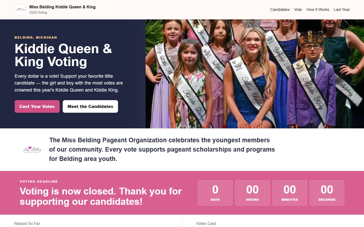 Kiddie Queen & King Voting homepage with Cast Your Votes button and voting countdown