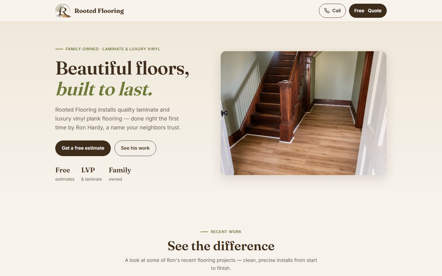Rooted Flooring homepage: 'Beautiful floors, built to last' beside a photo of new plank flooring