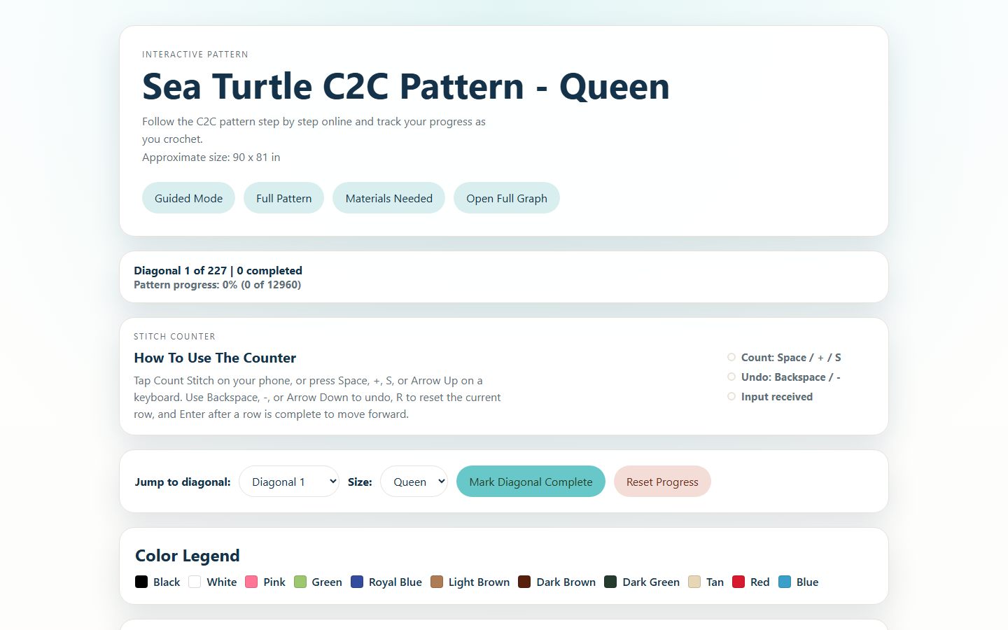 Interactive Sea Turtle C2C pattern with guided mode, stitch counter and progress tracker